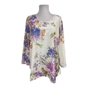 Alfred Dunner NEW 2X Knit Top Floral Dragonflies Lace 3/4 Sleeves Pullover